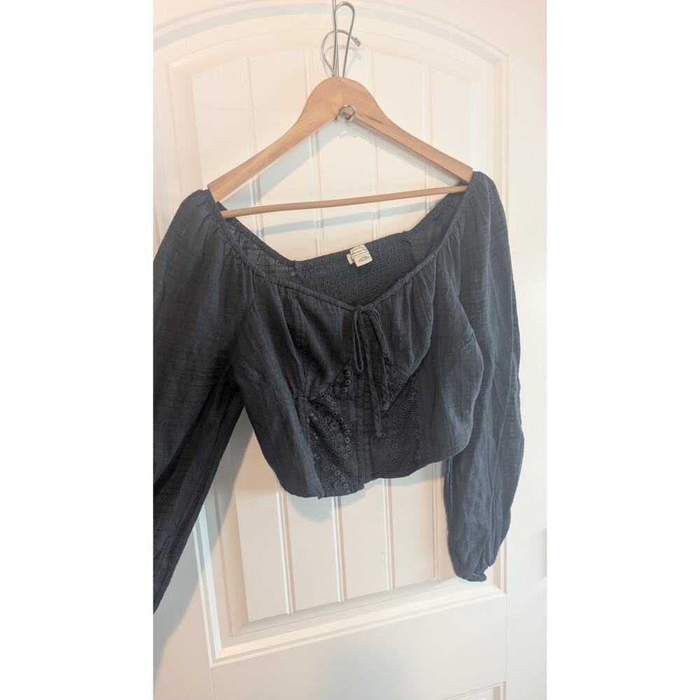 American Eagle Cropped Lace Blouse Women Large Black Boho Cottage Prairie Fairy - Picture 6 of 11